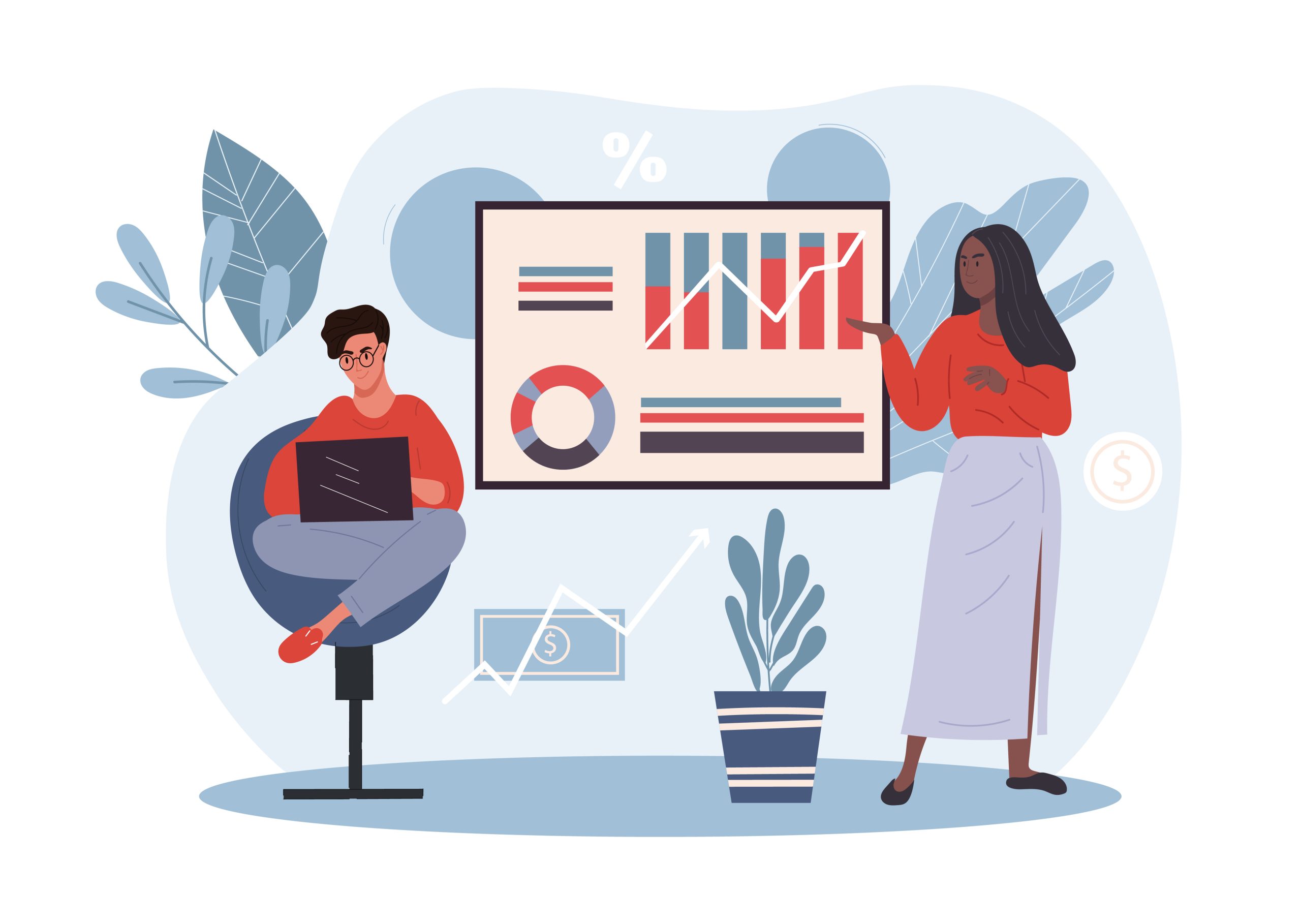 cartoon image of man and woman are working on presentation of graphs and charts.