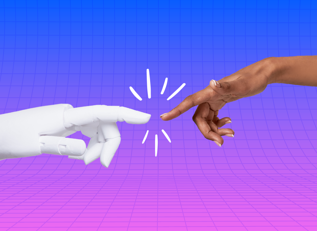 image of a human hand reaching out to a robot hand.