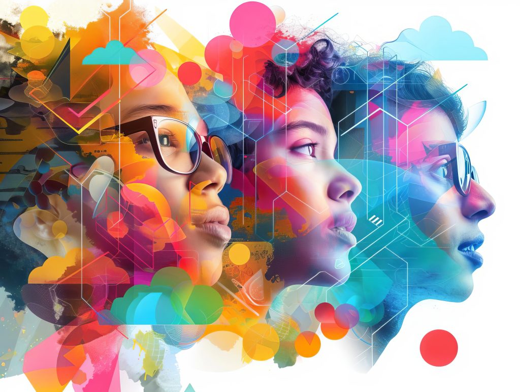 digital collage featuring diverse students listening to online educational podcasts, with speech bubbles and thought clouds symbolizing active learning